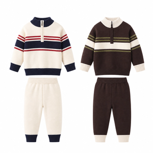 Conjunto de 2 piezas de suéter <span class=keywords><strong>y</strong></span> pantalón a rayas con cremallera media para bebé, ropa de invierno suave <span class=keywords><strong>y</strong></span> cálida para niños pequeños, venta al por mayor - Product Image 4