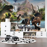 Murale réaliste en gros avec imprimé animalier de dinosaures, décor mural personnalisable de paysage préhistorique pour chambre, suite d'hôtel, installation facile