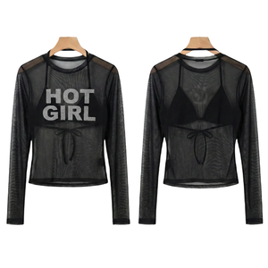 Camiseta Corta de Verano con Logotipo Personalizado, Sexy, de Malla Negra Transparente, Cuello Redondo, Manga Larga con Pedrería, de Bajo Costo - Product Image 3