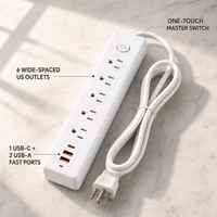 Multiprise américaine 1875W à 5 prises avec ports USB-C et double USB-A, protection contre les surtensions, cordon d'extension de 1,8 m, fiche 3 broches pour la maison et le bureau