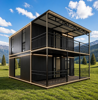 Maison modulaire préfabriquée extensible à deux étages ZhuDuo, en conteneur, avec bandes lumineuses LED en métal nervuré noir, balcon, villa pour complexe hôtelier