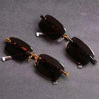Lunettes de soleil rectangulaires sans monture haut de gamme pour hommes, en pierre naturelle, avec verres transparents dégradés dorés, logo personnalisé, protection UV, commande minimum 1 pièce