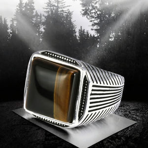 Nouveauté, bijoux fins personnalisés, argent sterling 925, bague rétro punk pour homme, motif rayé œil de tigre, plaqué rhodium, pierre naturelle - Product Image 2