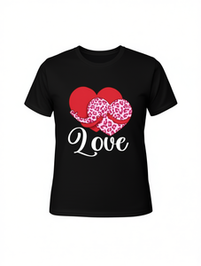 T-shirt da donna rosa con stampa leopardata e cuore, manica corta, girocollo, top casual per San Valentino, tutte le stagioni - Product Image 1