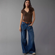 Jeans à poche sur le devant pour femmes, jambe large, ample, taille haute, <span class=keywords><strong>style</strong></span> boyfriend, jambe droite, denim extensible - Product Image 4