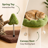Griffoir pour chat en forme d'arbre avec nid-canopée, pilier en sisal, jouet à ressort, base en peluche et plateau en bois pour chats d'intérieur