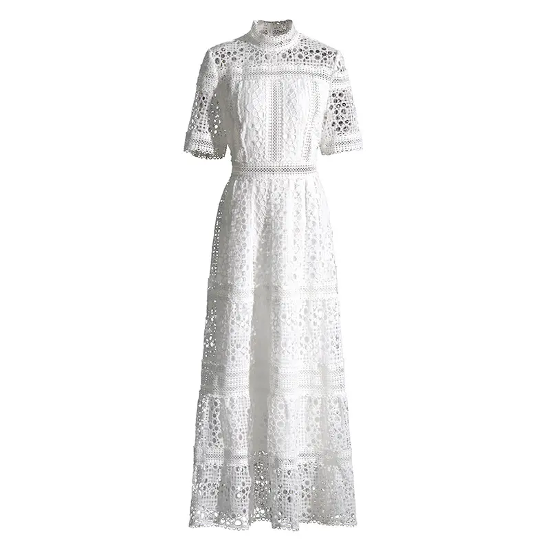 2023 new women's long dress stand collar middle sleeve sexy hollow out lace simple dress