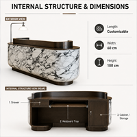 Comptoir de réception moderne en marbre naturel avec finition bronze, forme carrée, éclairage LED pour hall d'hôtel de luxe, bureau, logo personnalisé