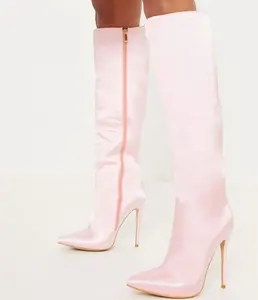 定制手工制作性感粉红色丝绸女性膝盖高筒靴尖头高跟鞋靴子女士侧拉链小腿高长靴