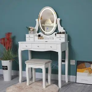 European Dressing Table Touch Screen Led Mirror Makeup Vanity Table With Mirror And Chair