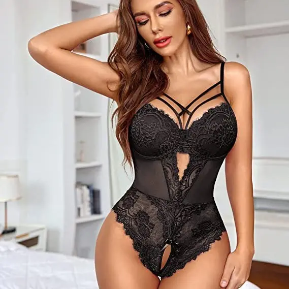 FF2317 Valentine's Day See Through Lace Bodysuit Mesh Deep V Babydoll Women One Piece Sexy Lace Lingerie