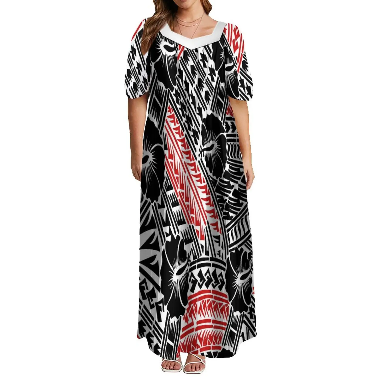 Polynesian Tribal Hibiscus Sublimation Print Sweetheart Neck Short Sleeve Maxi Dresses Ladies Personality Mumu Low Price