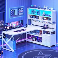 Bureau de jeu en forme de L, bureau d'ordinateur pour la maison ou le bureau, 2 tiroirs, étagère, bureau d'angle, lumières LED, rangement, sac, étagère, blanc, métal