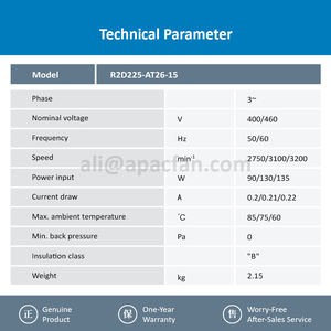 Ventilador Centrífugo para Gabinete ebmpapst R2D225-AT26-15 SK3396.314 M2D068-DF 225mm 400V CA 2750/3100 RPM 90/130W 0.2/0.21A ODM/OEM - Product Image 3