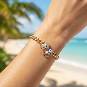 Pulsera de latón chapada en oro de 14K con diseño de oso de peluche y diamantes, estilo cubano con rayas esmaltadas, joyería hip hop para mujer - Product Image 2