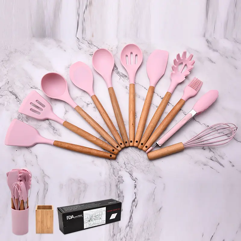 Conjunto de utensílios de cozinha antiaderente resistente ao calor, utensílios de cozinha com suporte, conjunto de 11 peças de madeira de silicone, venda imperdível