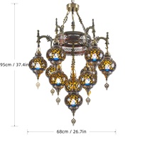 Lustre turc en fer mosaïque à 10 lumières, style marocain vintage, fait main, verre teinté, LED à intensité variable, bronze antique, 360° d'éclairage