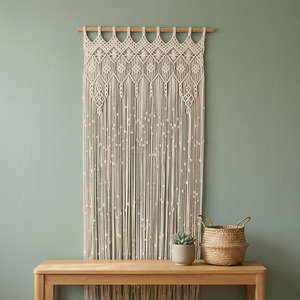 Bohemian Macrame Leaf Wall Hanging Beaded Curtain Decorative Room Divider with Wooden Rod Home Decor From Rajasthan - Product Image 3