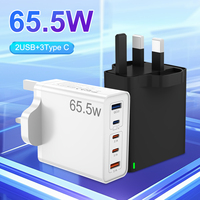 Chargeur rapide portable 65W PD QC3.0 USB Type-C 5 ports Chargeur de voyage UK/EU avec câble de charge tressé 1M/1.5M/2M Certificat CE