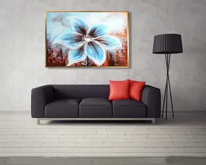 สไตล์ใหม่ 100% มือทาสีโมเดิร์นดอกไม้ขนาดใหญ่บนผ้าใบสำหรับห้องนอน Decor Handmade ดอกไม้สีฟ้าแขวนภาพวาด
