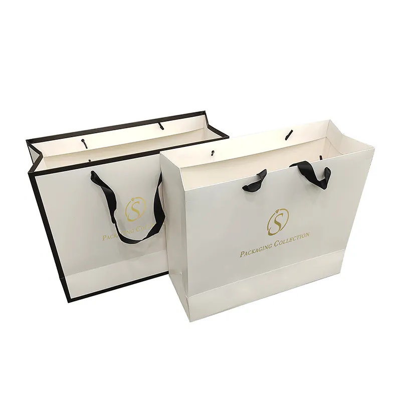 Logo stampato personalizzato lusso nastro nero maniglie regalo di nozze sacchetto di carta scarpe vestiti Shopping Packaging Bag