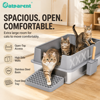 Bac à litière pour chat Catparent XXXL, grande capacité, rectangulaire, en acier inoxydable, avec design ouvert et fonctions de nettoyage faciles pour les chats