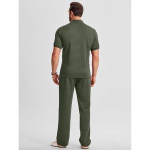 FOXA Mens <b>Waffle</b> Polo <b>Shirt</b> And Pants Set Breathable Casual Loungewear Summer Outfit For Men - Product Image 5