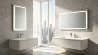 Espejo de Maquillaje Rectangular Inteligente con Pantalla Táctil LED de Tres Colores, sin Marco, Apto para Montar en la Pared en Hogares o Dormitorios