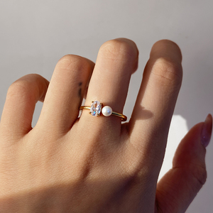 18K <b>Gold</b> Plated Oval Zircon Pearl <b>Ring</b> Women's Classic Engagement Band Minimalist <b>Dainty</b> Jewelry - Product Image 5