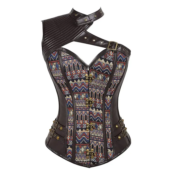 2021 nouveau steampunk costume en cuir patchwork toile de jute corset valise en métal boucle en acier taille de corset