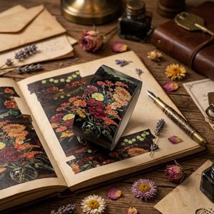 Ruban Washi Effet Peinture à l'Huile Vintage Foncé 25mm, Bordure <span class=keywords><strong>Perforée</strong></span>, Motif Floral Nature Morte, pour Décoration DIY Scrapbook, Journal et Agenda - Product Image 2