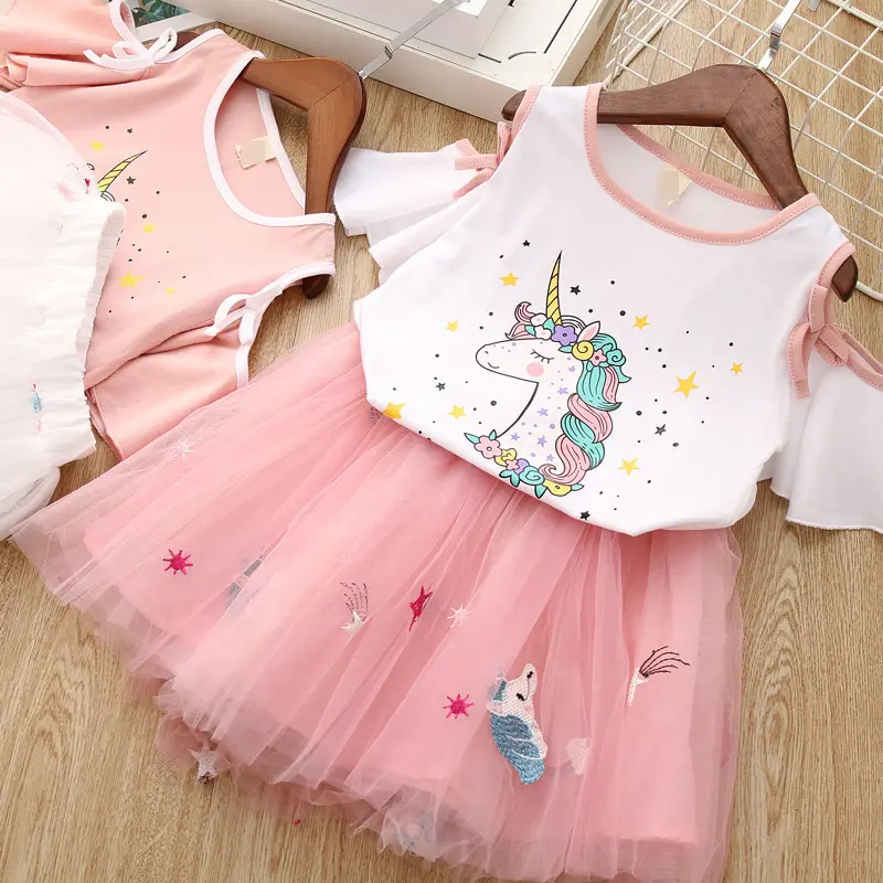 Wholesale Fashion Cute Kids Children Beautiful Summer Clothing Top And Skirt Two-piece Girls Set