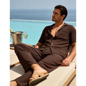 Ensemble 2 pièces d'été pour homme FOXA : Chemise rayée à manches courtes boutonnée et pantalon ample respirant en maille – Tenue décontractée pour la marche - Product Image 4