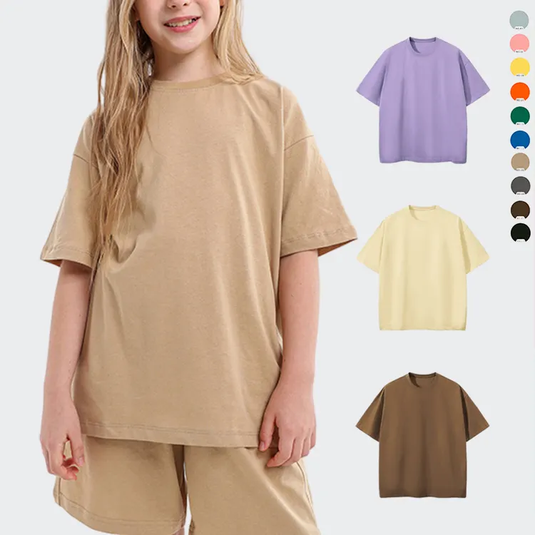 बच्चों के लिए 230G कस्टम ब्रांड लोगो 100% कॉटन हैवीवेट बच्चों के लिए बड़े आकार की टी-शर्ट मुलायम बच्चों के कपड़े की टीशर्ट