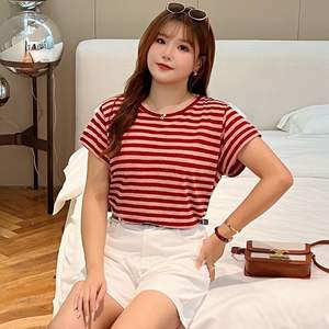 Camiseta Retro a Rayas de Algodón y Bambú Runqi N8731 para Mujer, Transpirable, de Manga Corta, en Rojo, Amarillo y Azul Denim - Product Image 3