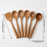 Juego de utensilios de cocina de madera de acacia de 6 piezas: espátula, espumadera, cuchara para fideos, cuchara para sopa, cucharas para servir, mango largo de 34 cm, venta al por mayor