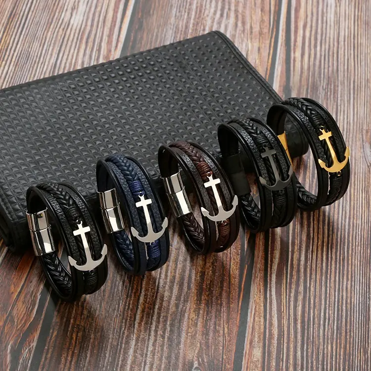 Pulsera de cuero trenzada a mano para hombre, pulsera de cuero con hebilla magnética, de varias capas, de acero inoxidable, novedad