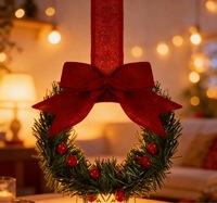Guirlande de Noël JQ pour armoire avec nœud en ruban et baies rouges, mini guirlande de fenêtre pour cuisine, décorations de fête de Noël avec cônes de pin