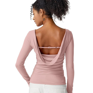 Chemisiers à manches longues pour femmes, <span class=keywords><strong>col</strong></span> bateau, dos drapé, double doublure, hauts décontractés extensibles et ajustés pour sorties - Product Image 1