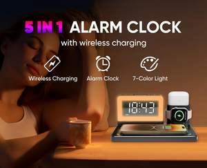 <span class=keywords><strong>Station</strong></span> de charge sans fil de bureau 5 en 1 à guichet unique 7 couleurs veilleuse réveil chargeur sans fil pour <span class=keywords><strong>iPhone</strong></span> iWatch Airpods - Product Image 2
