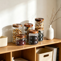 Bocaux de conservation en verre borosilicate côtelé en gros avec couvercle hermétique en acacia pour grains de café, noix, pâtes et épices