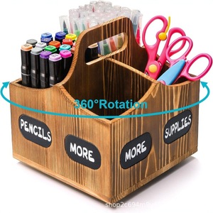 Retro Wooden Desktop <b>Pen</b> Holder Storage Box 360 Degree Rotation Multi Functional Pencil Organizer For Home Office School Use - Product Image 1