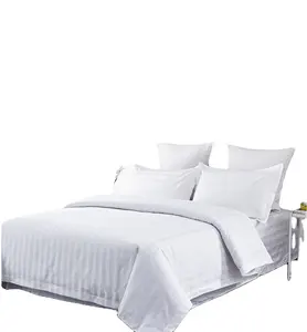 Luxury 5 Star Quality Stripe White 100 Cotton Linen Sheet Bedding Set Hotel Bed Sheets