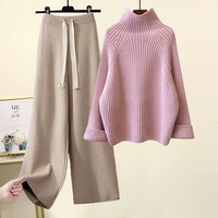 Ensemble en cachemire pour femmes, pull en cachemire à col roulé à manches longues pour l'automne, pantalon ample en cachemire