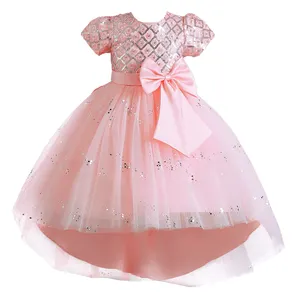 वेस्टर्न स्टाइल ट्यूल बच्चों की राजकुमारी पार्टी ड्रेस, रोएंदार गुलाबी फूलों वाली शादी की पोशाक, 10 साल के लिए लंबी पूंछ वाली भोज बच्चों की प्रोम पोशाक