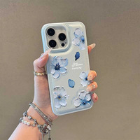 Élégante Coque de Téléphone à Motif Floral Peint à l'Huile Bleue pour iPhone 17 16 15 14 11 12 13 Pro Max Plus 17 Air en Similicuir et TPU