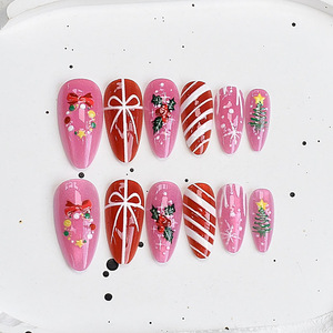 Uñas postizas navideñas color magenta, diseño de ojo de gato, flor, campana, lazo, árbol de Navidad, uñas postizas removibles, manicura festiva para fiestas - Product Image 1