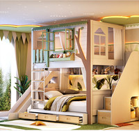 JS FURNITURE Nouveau design Lit double en bois de luxe pour enfants Meubles de chambre à coucher Lit en bois avec toboggan en arc et escalier de rangement