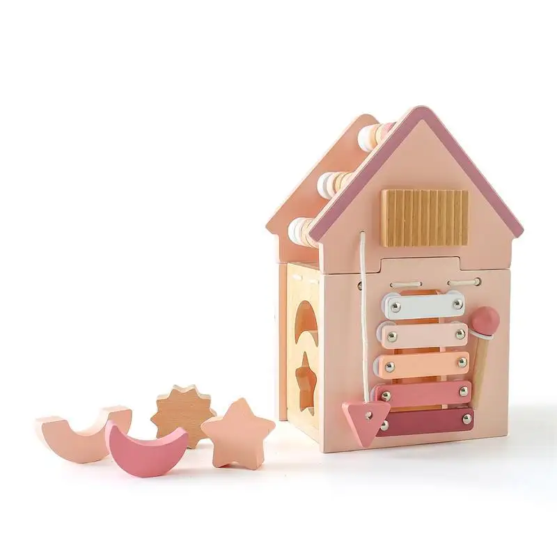 5 In 1 Wooden Pink House Shape Cognitive Baby Toys Montessori Educational Toy for Multifunction Educational Toys