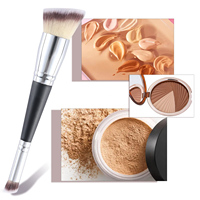Pinceau de maquillage double embout YM Factory personnalisé avec logo, écologique, de luxe, végétalien, avec manche en bois synthétique, pour fond de teint, anticernes et sourcils